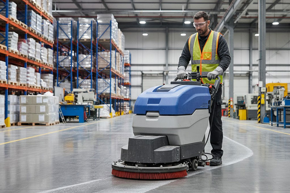 A professional industrial cleaning technician, wearing full high-visibility safety gear (vest, gloves, goggles), expertly operating a large, industrial-grade floor scrubbing machine (scrubber dryer) inside a vast, brightly-lit **warehouse or factory**. The foreground floor should be visibly clean and reflective. The background should feature industrial shelving or large machinery, emphasizing the industrial setting. The image must convey **efficiency, precision, and safety**. Photo-realistic, high detail, wide-angle shot.
