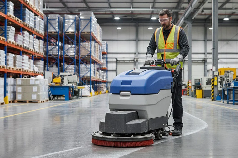 A professional industrial cleaning technician, wearing full high-visibility safety gear (vest, gloves, goggles), expertly operating a large, industrial-grade floor scrubbing machine (scrubber dryer) inside a vast, brightly-lit **warehouse or factory**. The foreground floor should be visibly clean and reflective. The background should feature industrial shelving or large machinery, emphasizing the industrial setting. The image must convey **efficiency, precision, and safety**. Photo-realistic, high detail, wide-angle shot.