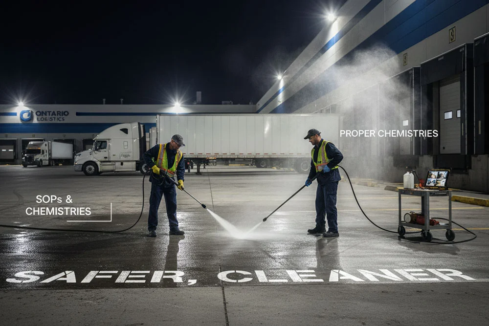 Year-round pressure washing keeps loading docks safe and compliant across Ontario—removing oils, salts, and debris with SOPs, proper chemistries, and photo-verified QA.