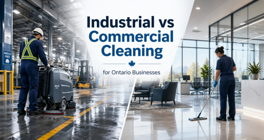 Compare industrial vs commercial cleaning to find the right fit for your Ontario business, facility needs, safety standards, and daily operations.