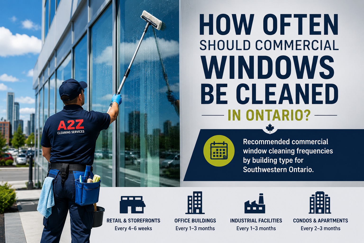 Dirty windows cost you customers before they ever walk in. Recommended commercial window cleaning frequencies by building type for Southwestern Ontario.