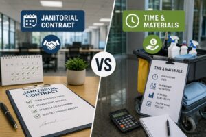 Fixed monthly janitorial contract or time and materials billing? Compare both pricing models so your Ontario facility pays only for what it truly needs.