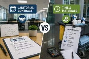 Fixed monthly janitorial contract or time and materials billing? Compare both pricing models so your Ontario facility pays only for what it truly needs.