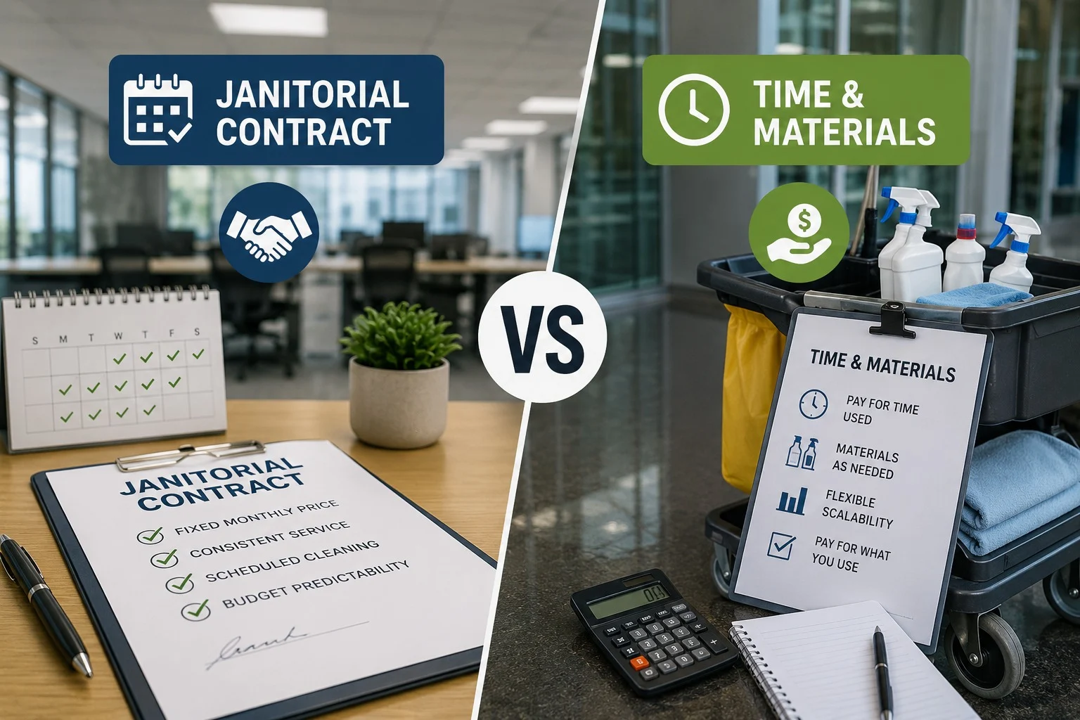 Fixed monthly janitorial contract or time and materials billing? Compare both pricing models so your Ontario facility pays only for what it truly needs.